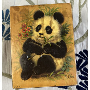 Panda Bear Trinket Box K Chin Artist Wooden Hinged Box Asian Home Decor Vintage